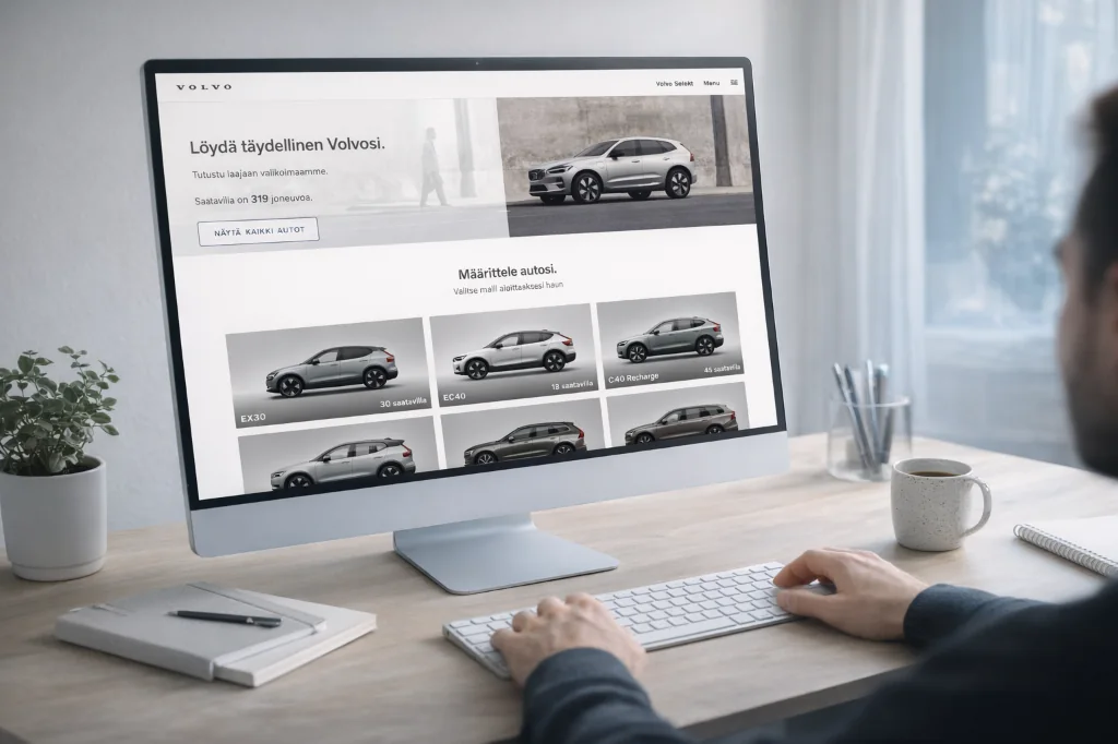Interface de la boutique en ligne Volvo Selekt avec des modèles de voitures et des filtres